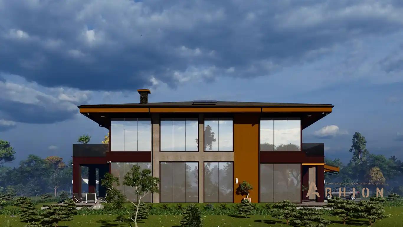 8. Проект двухэтажного дома в современном стиле с четырехскатной, h-1615, площадью - 726 кв c терассой, балконом, гаражом, вторым светом